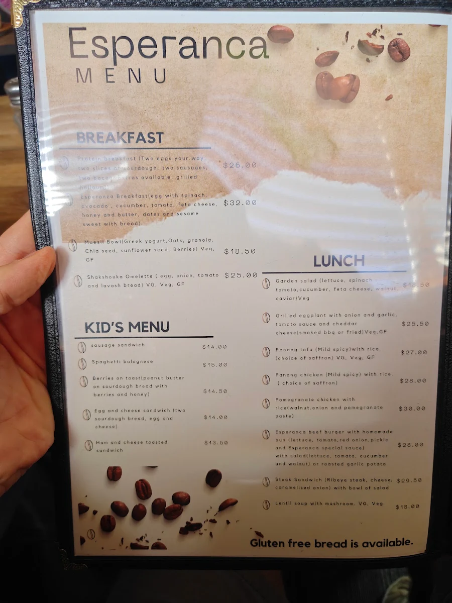 Menu, Esperanca cafe