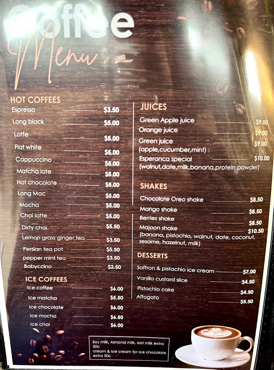 Menu, Esperanca cafe
