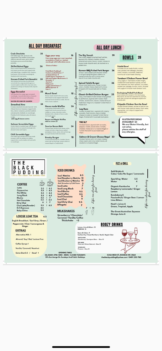 Menu, The Black Pudding Cafe