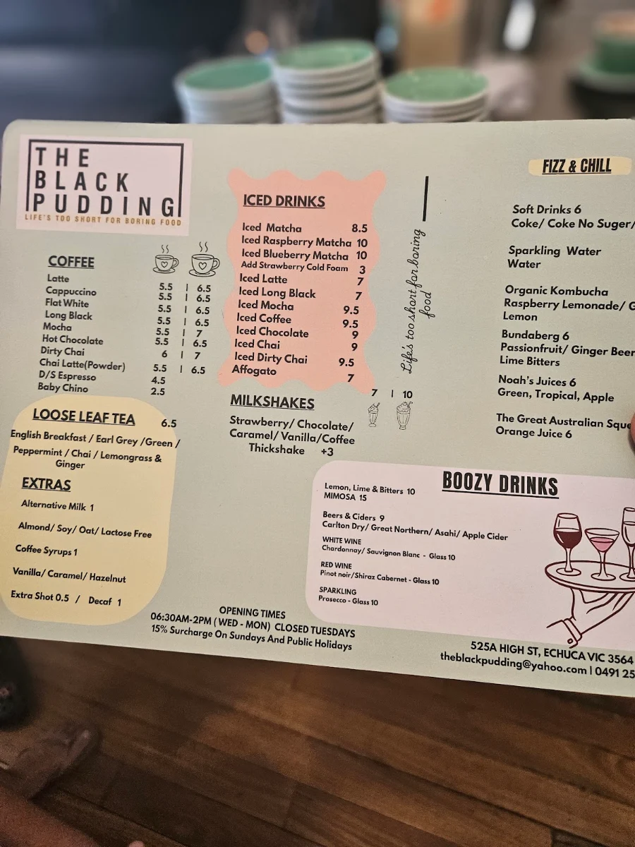 Menu, The Black Pudding Cafe