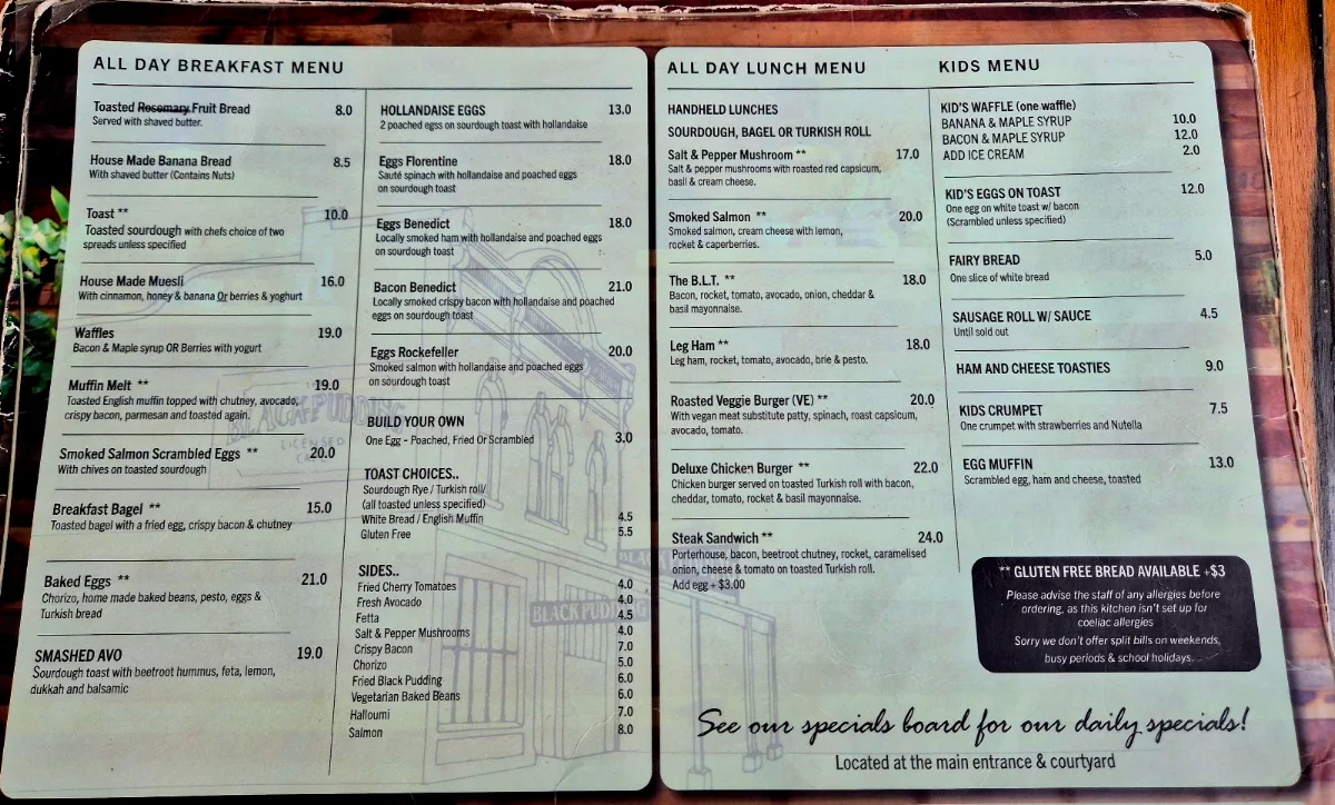 Menu, The Black Pudding Cafe