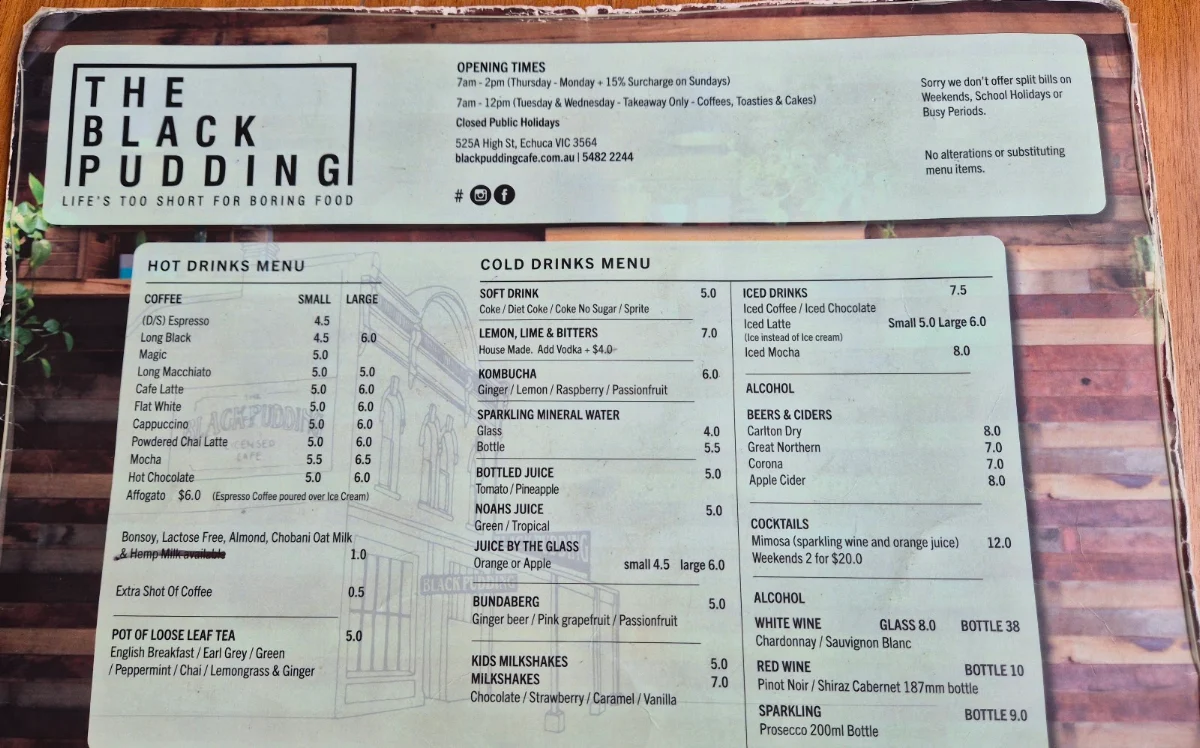 Menu, The Black Pudding Cafe