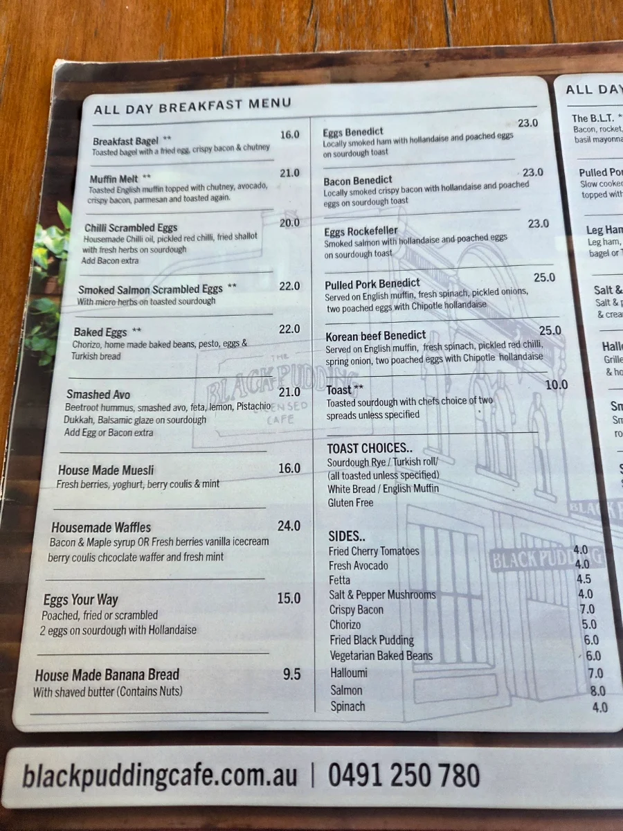 Menu, The Black Pudding Cafe