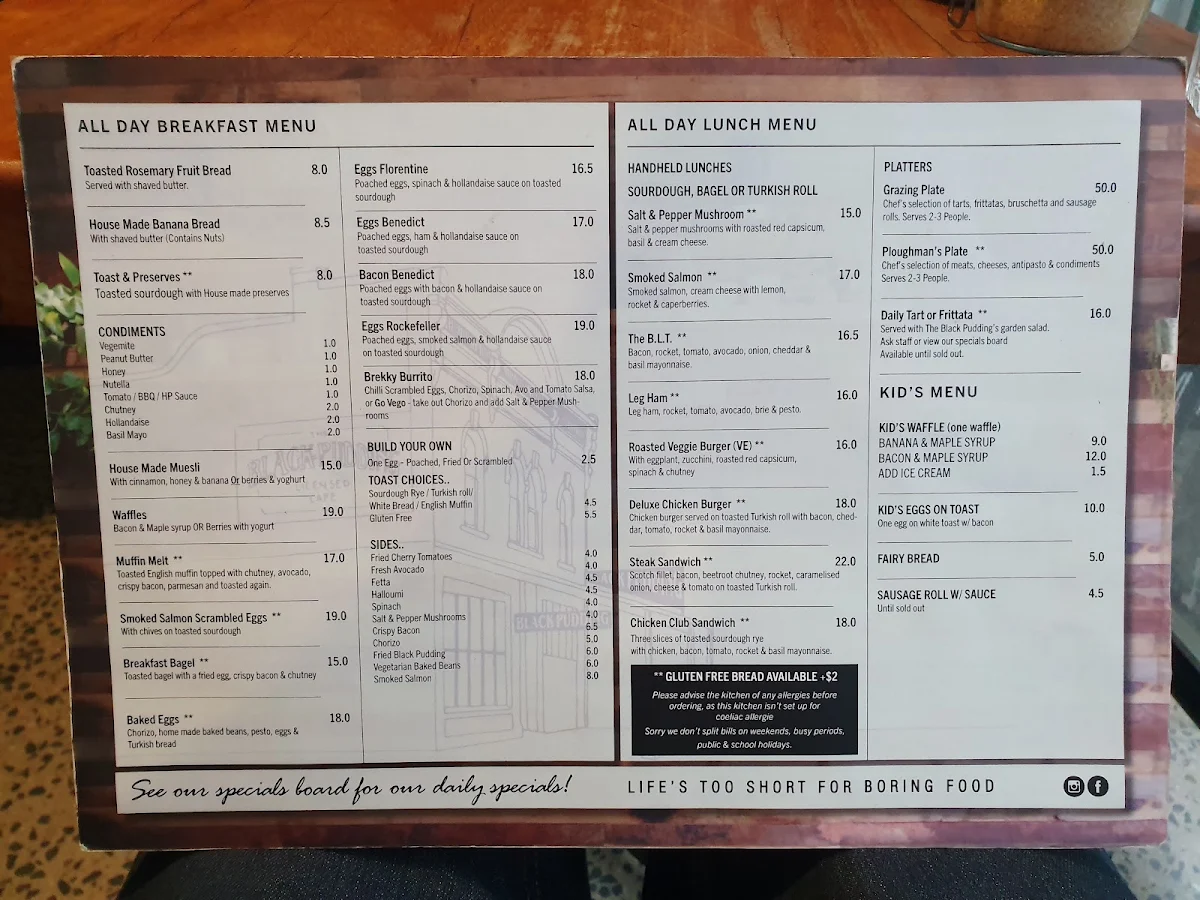 Menu, The Black Pudding Cafe