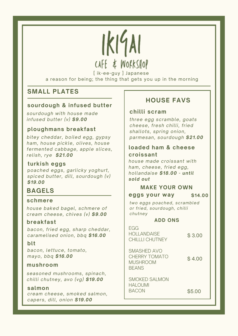 Menu, Ikigai Cafe and Workshop
