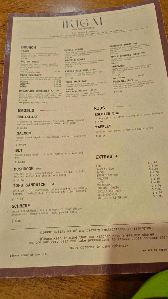 Menu, Ikigai Cafe and Workshop