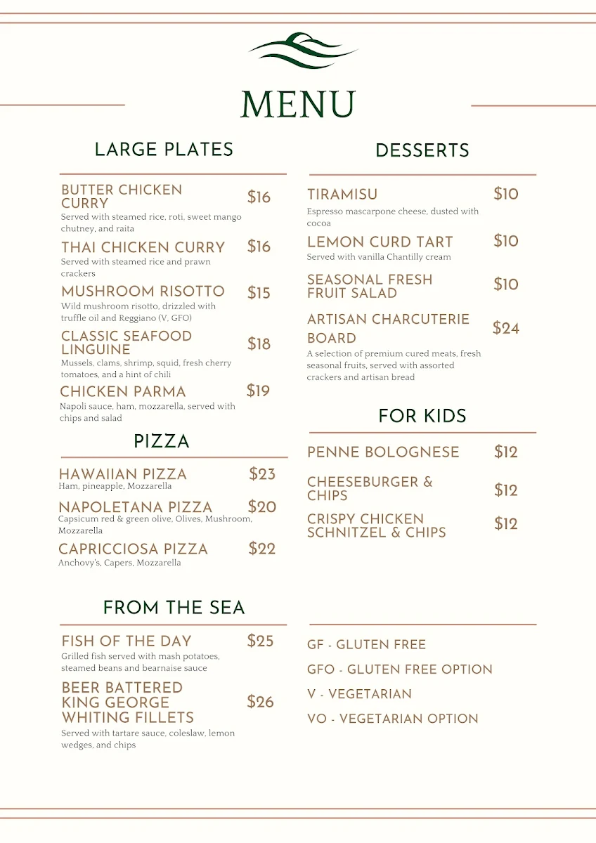 Menu, Yarra Valley Restaurant