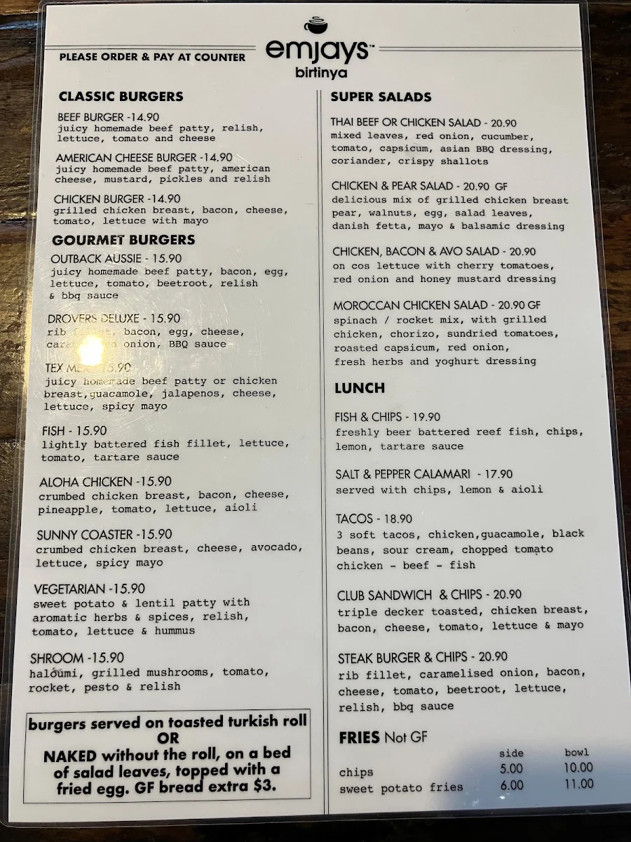 Menu, Emjays Birtinya