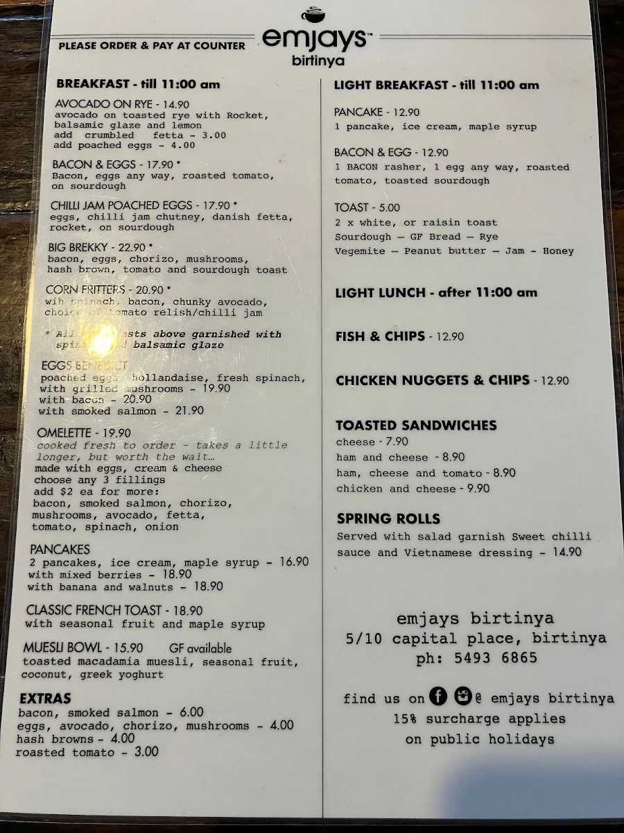 Menu, Emjays Birtinya