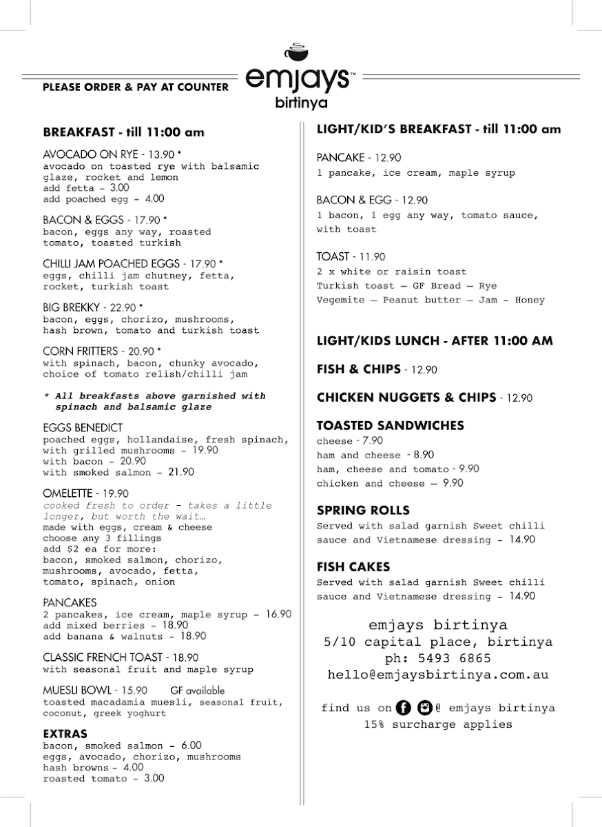 Menu, Emjays Birtinya