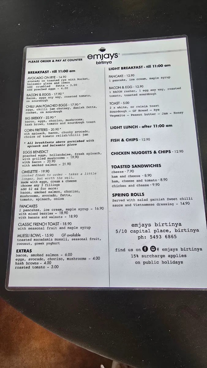 Menu, Emjays Birtinya