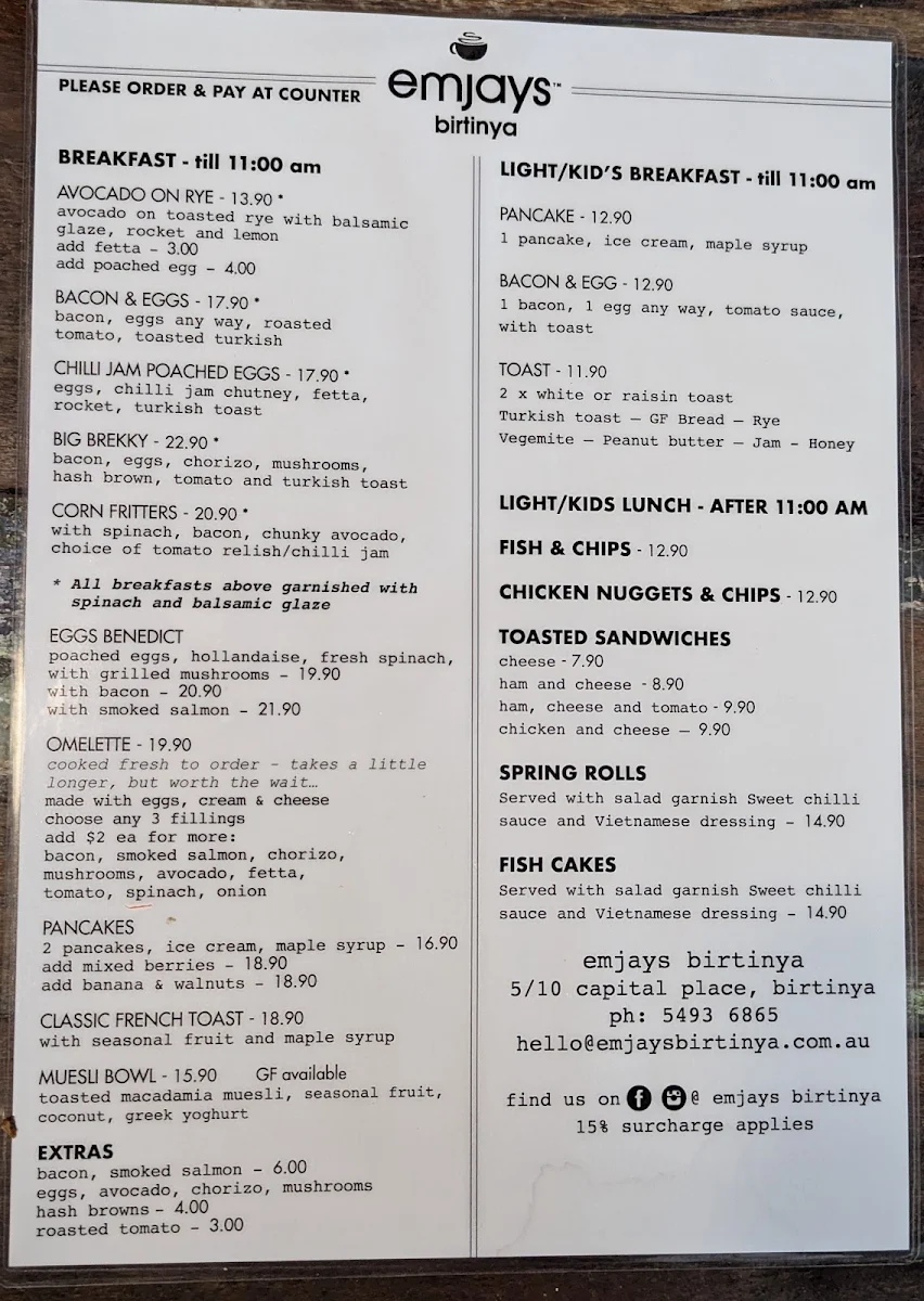 Menu, Emjays Birtinya
