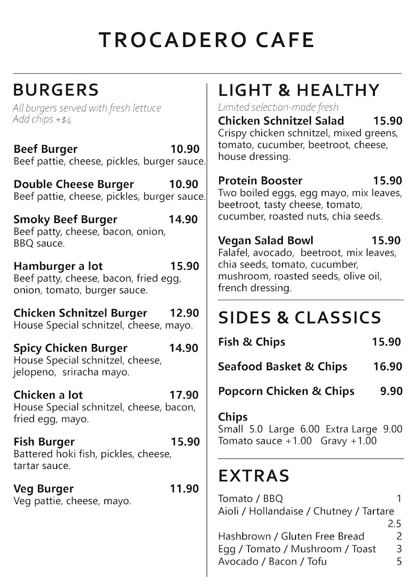 Menu, Trocadero Cafe