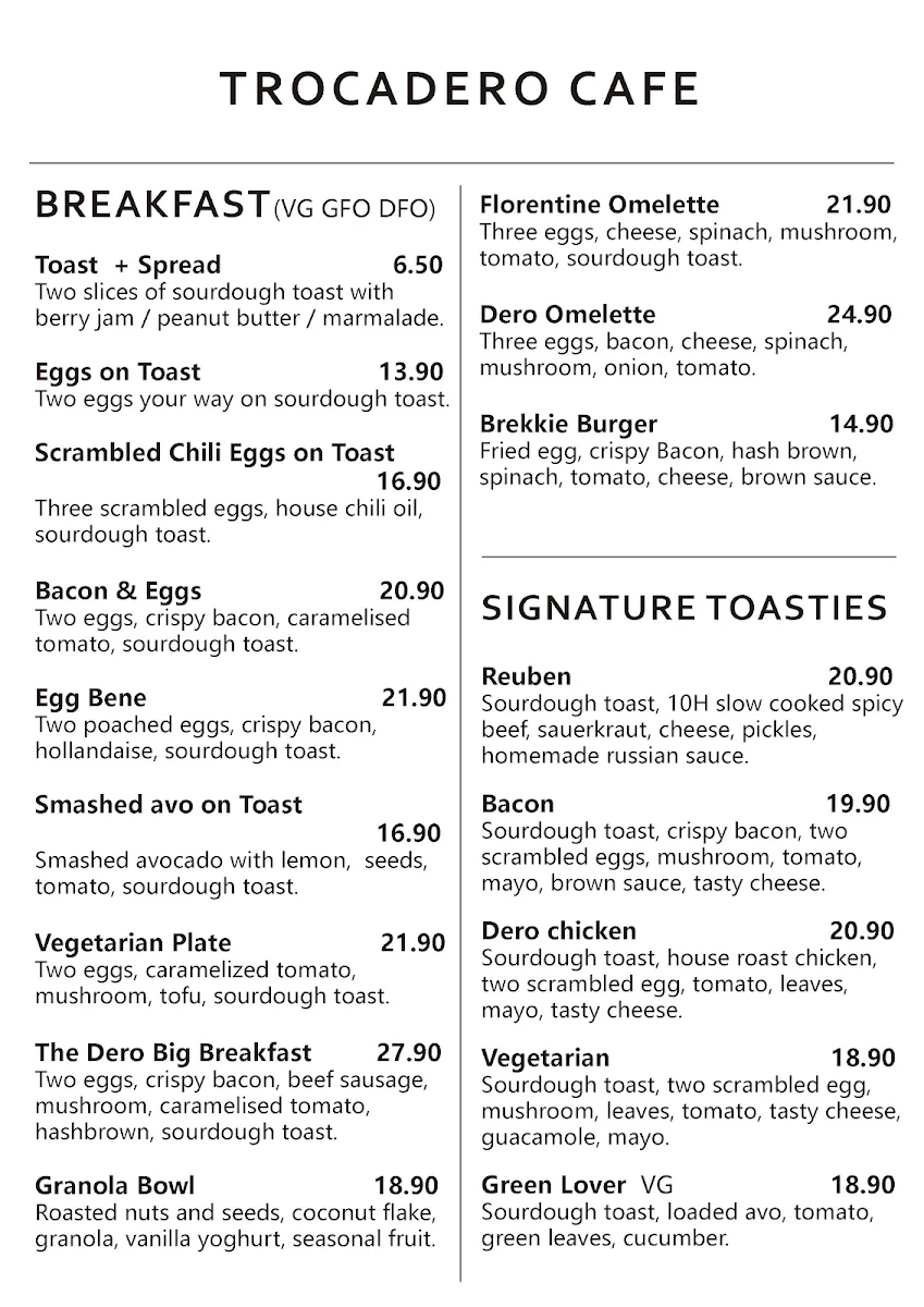 Menu, Trocadero Cafe