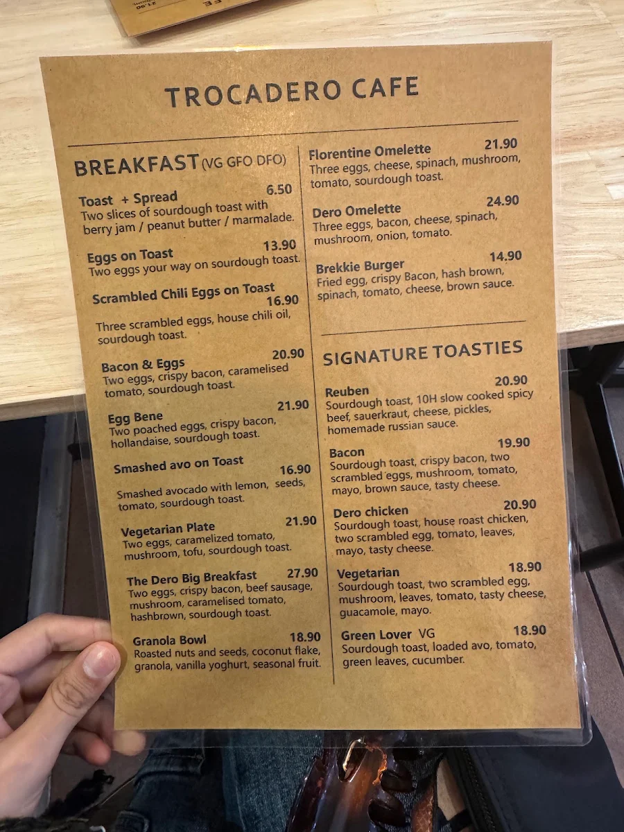 Menu, Trocadero Cafe