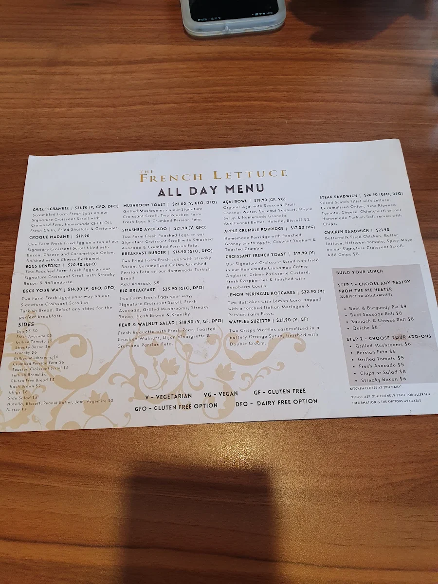 Menu, Bulleen Patisserie