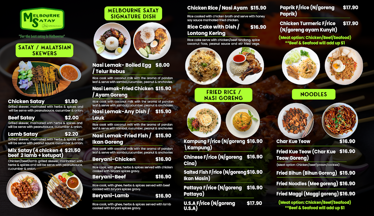 Menu, Melbourne Satay Springvale