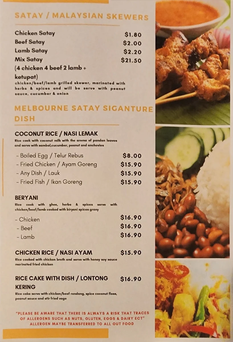Menu, Melbourne Satay Springvale