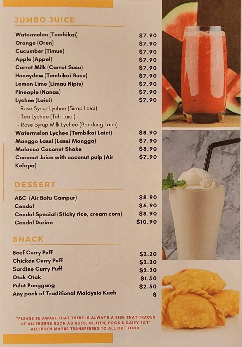 Menu, Melbourne Satay Springvale