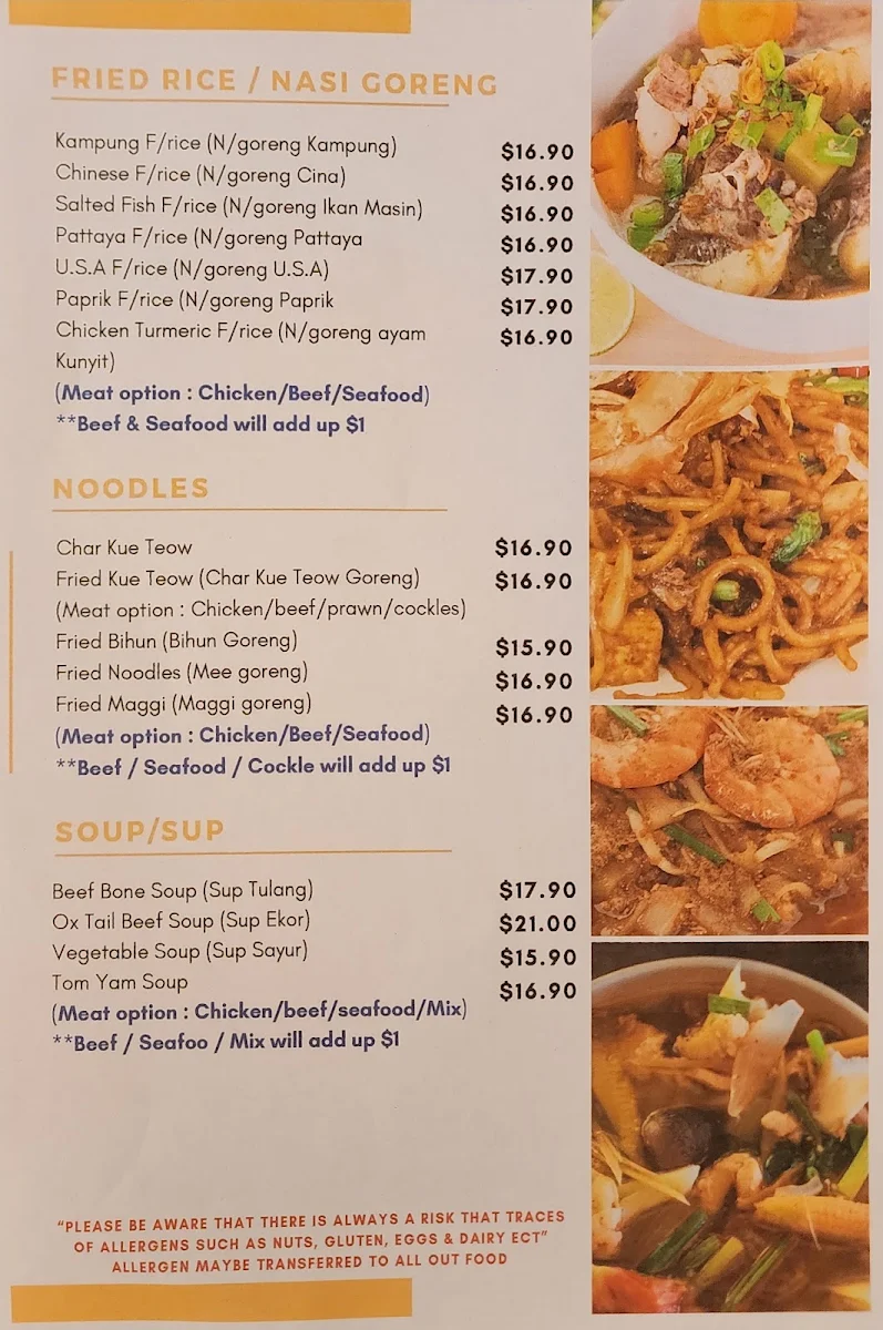 Menu, Melbourne Satay Springvale