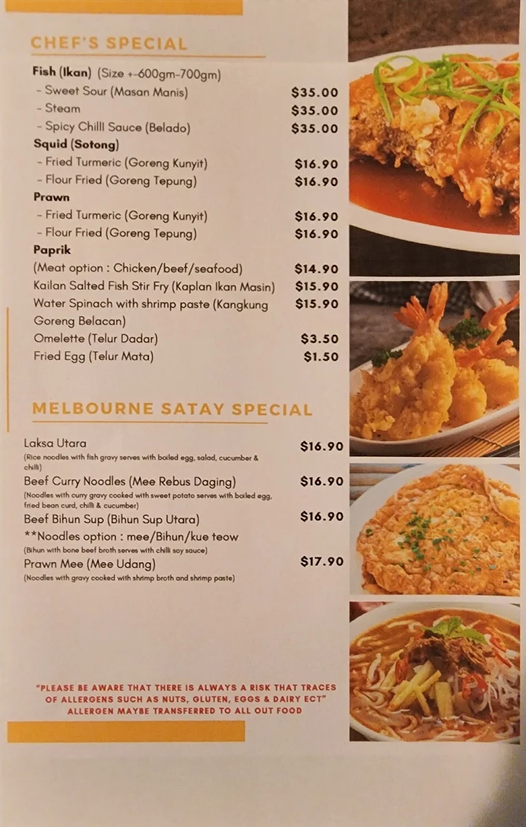 Menu, Melbourne Satay Springvale