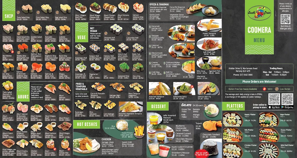 Menu, Sushi Train Coomera