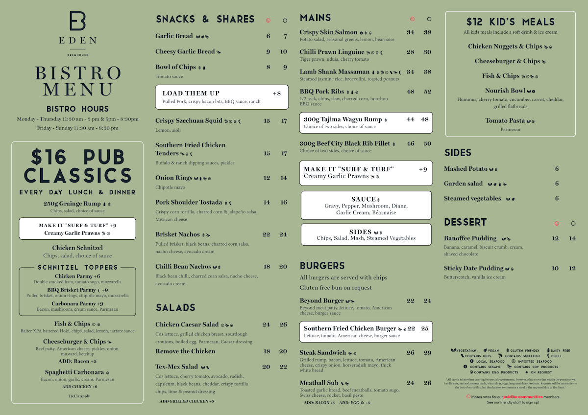 Menu, Eden Brewhouse