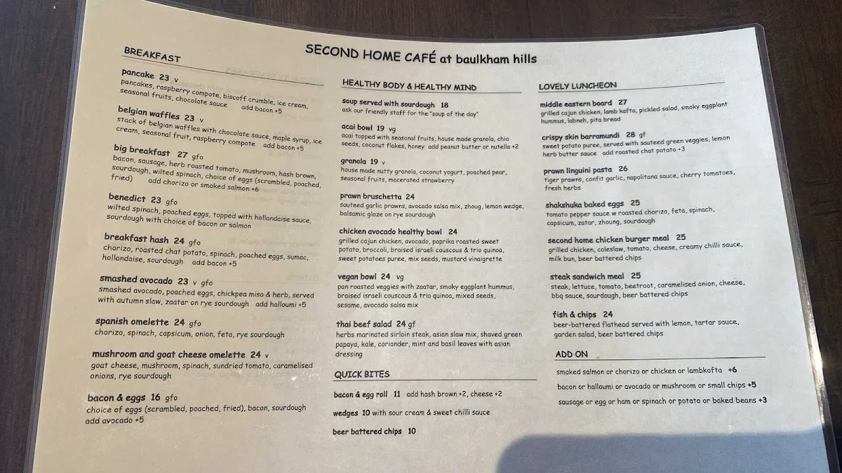 Menu, Second Home Cafe - Baulkham Hills