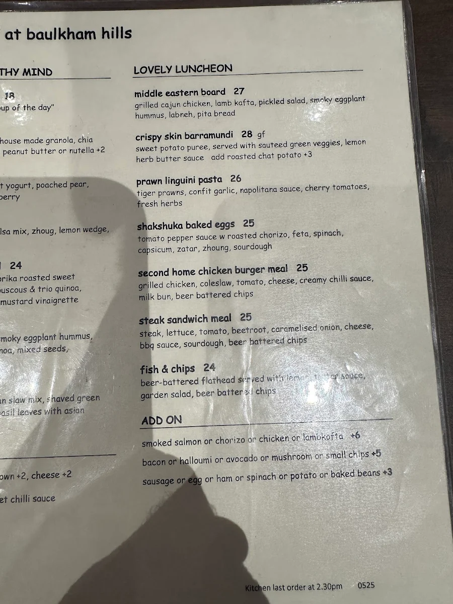 Menu, Second Home Cafe - Baulkham Hills
