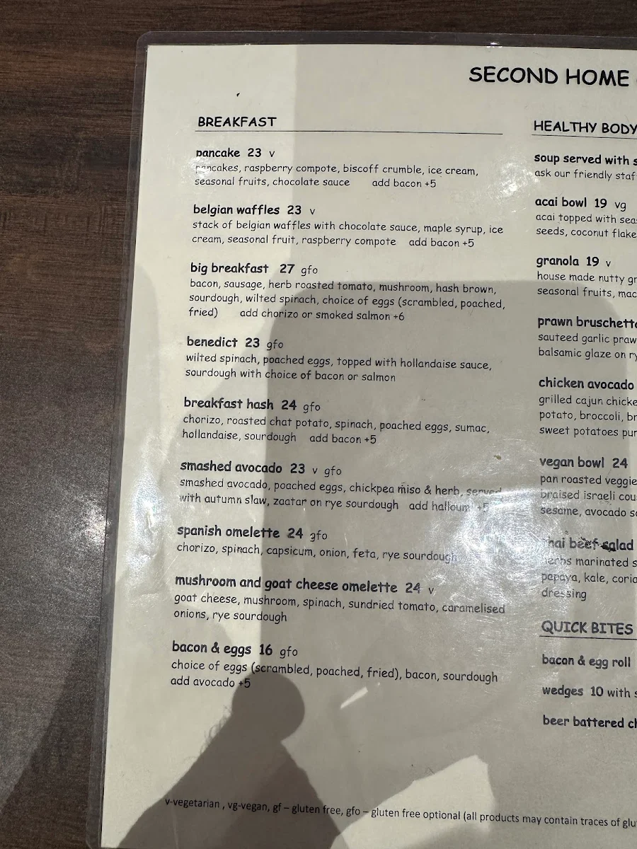 Menu, Second Home Cafe - Baulkham Hills