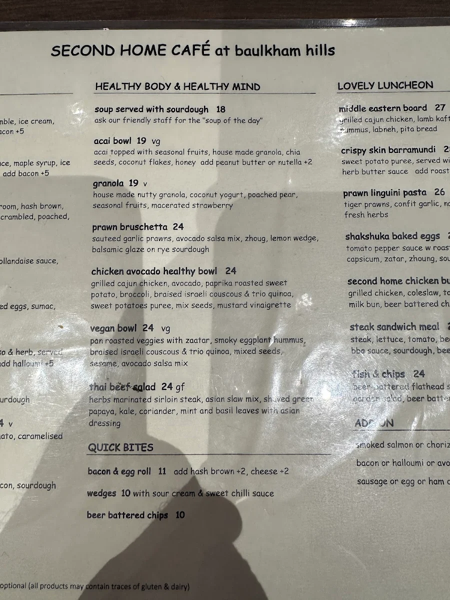Menu, Second Home Cafe - Baulkham Hills