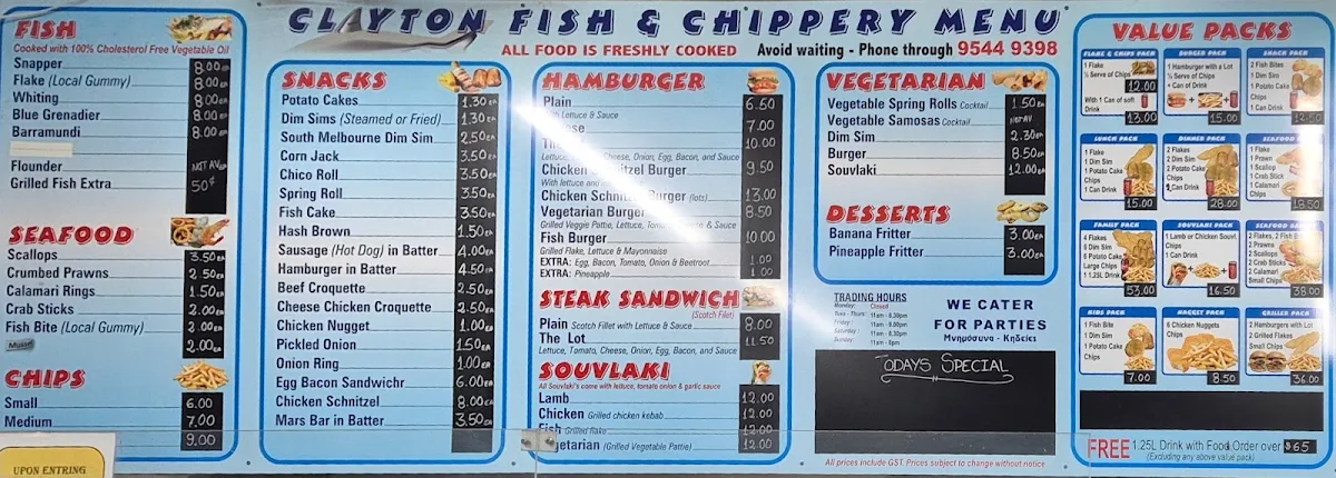 Menu, Clayton Fish & Chips
