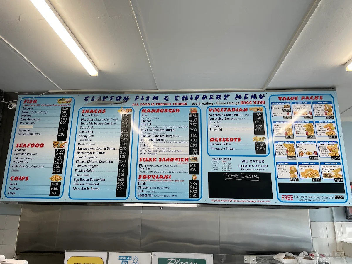 Menu, Clayton Fish & Chips