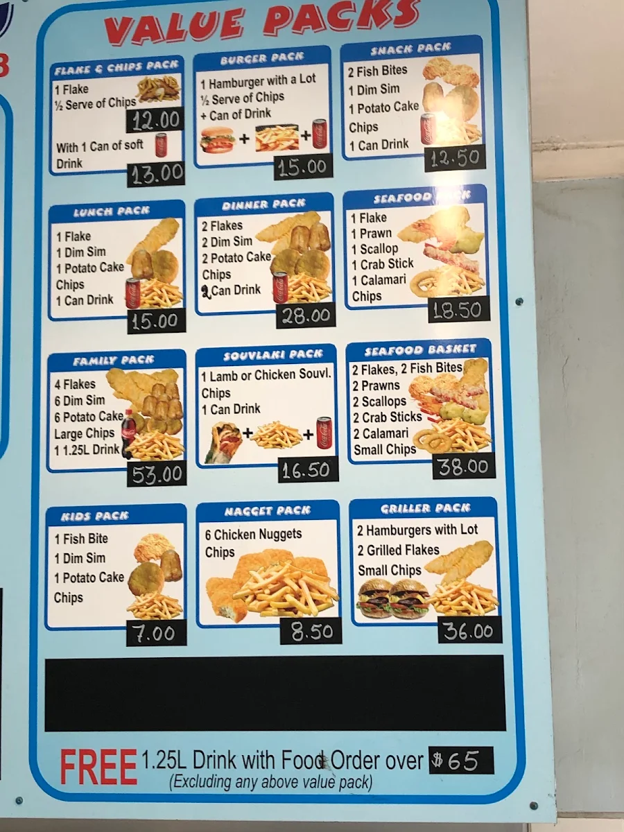 Menu, Clayton Fish & Chips