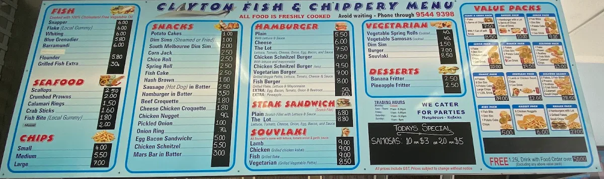 Menu, Clayton Fish & Chips