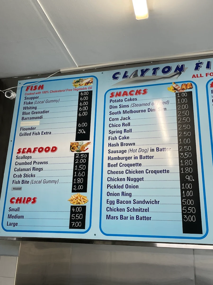 Menu, Clayton Fish & Chips