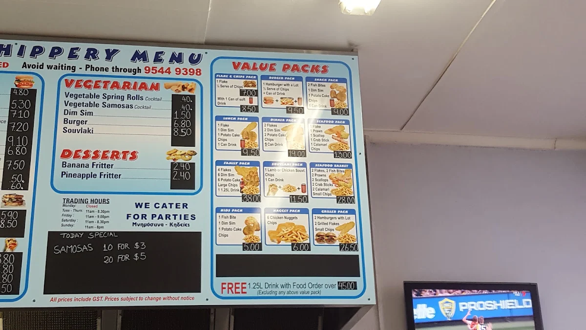 Menu, Clayton Fish & Chips