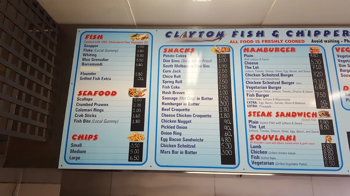 Menu, Clayton Fish & Chips