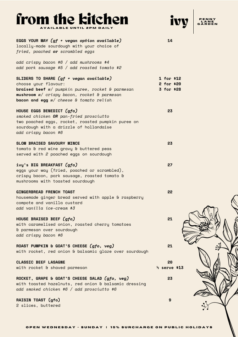 Menu, ivy - cafe & bar