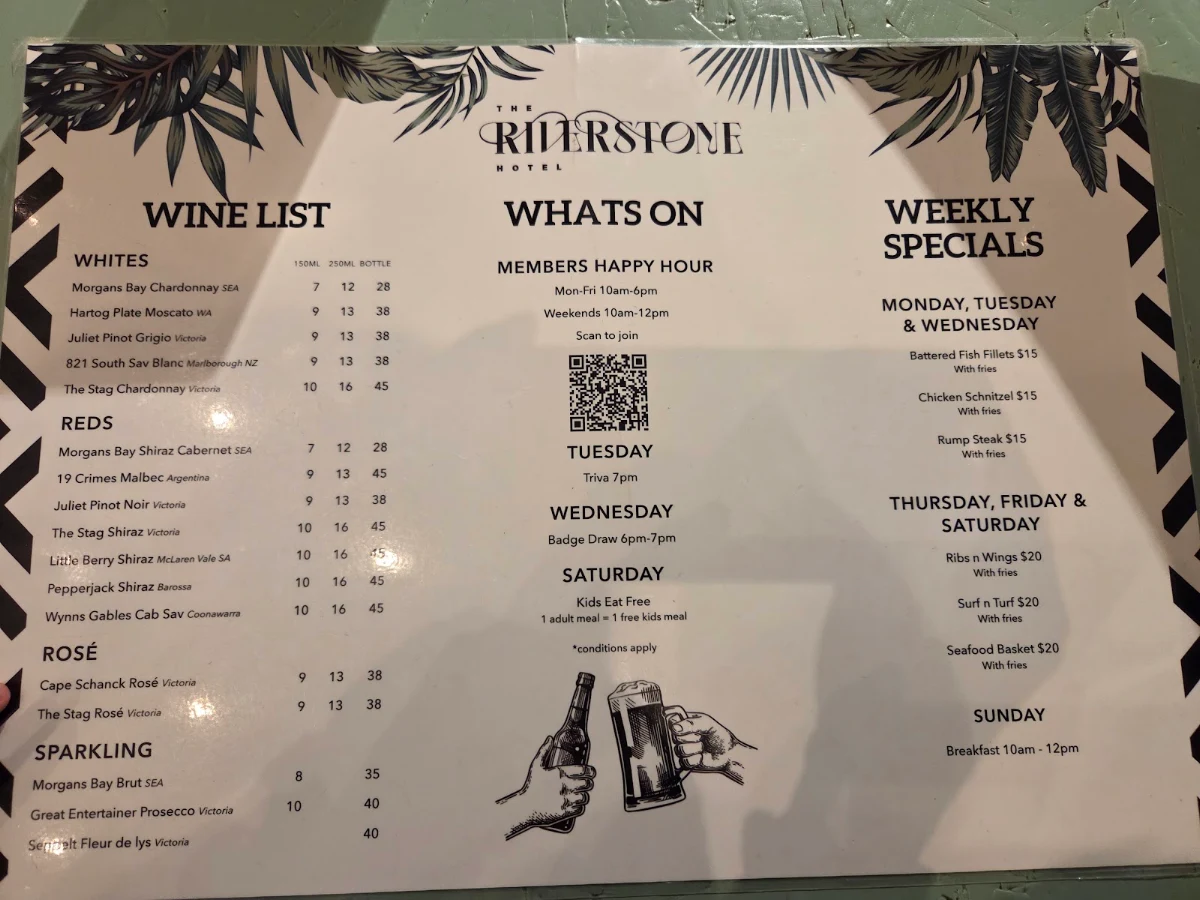 Menu, Riverstone Hotel