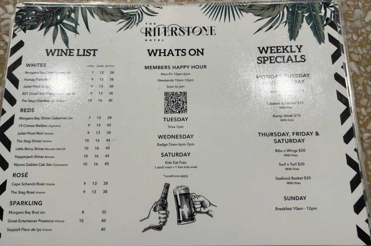 Menu, Riverstone Hotel