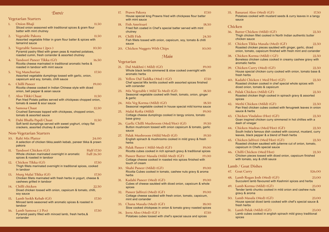 Menu, Rahi Indian Restaurant