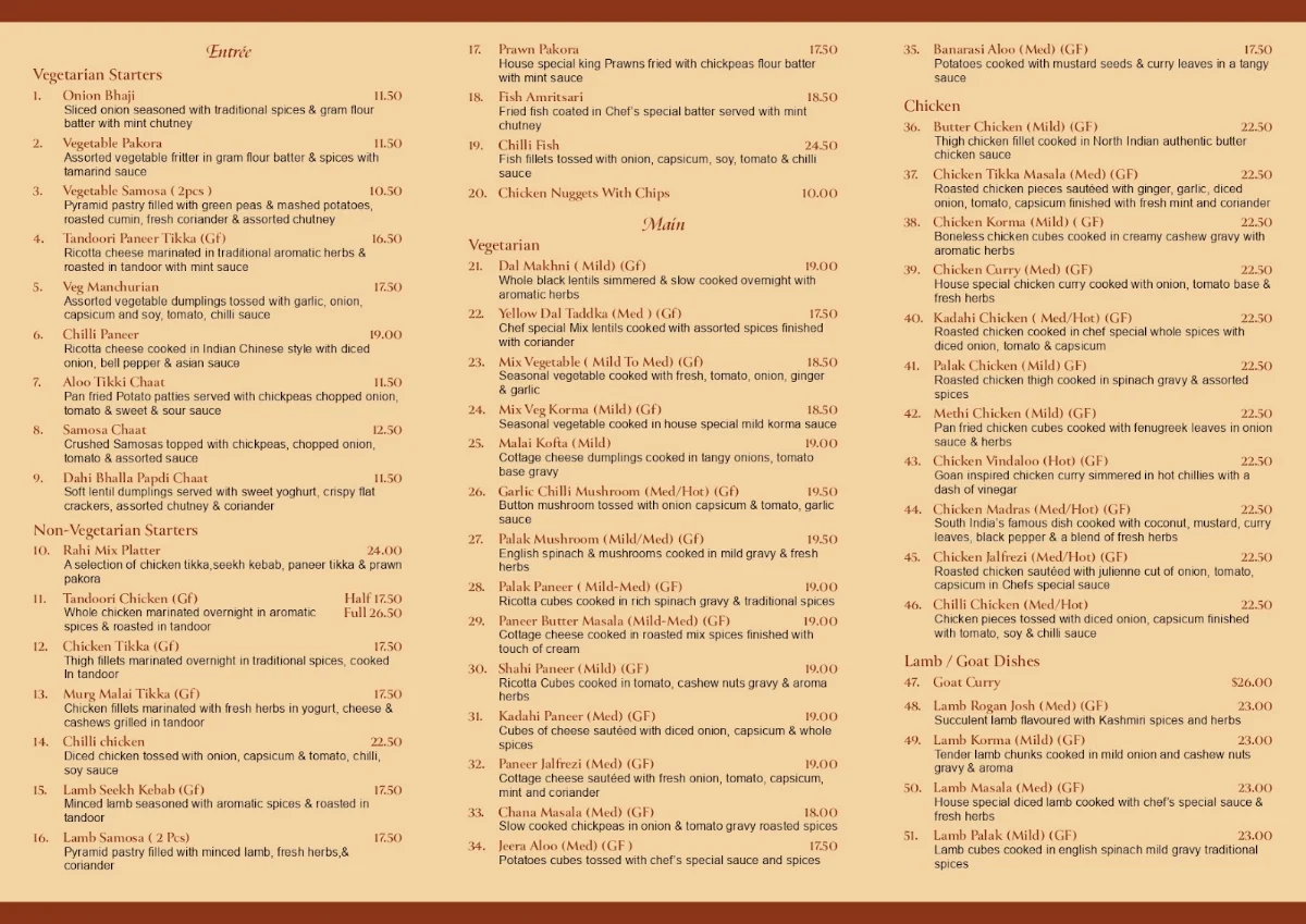 Menu, Rahi Indian Restaurant