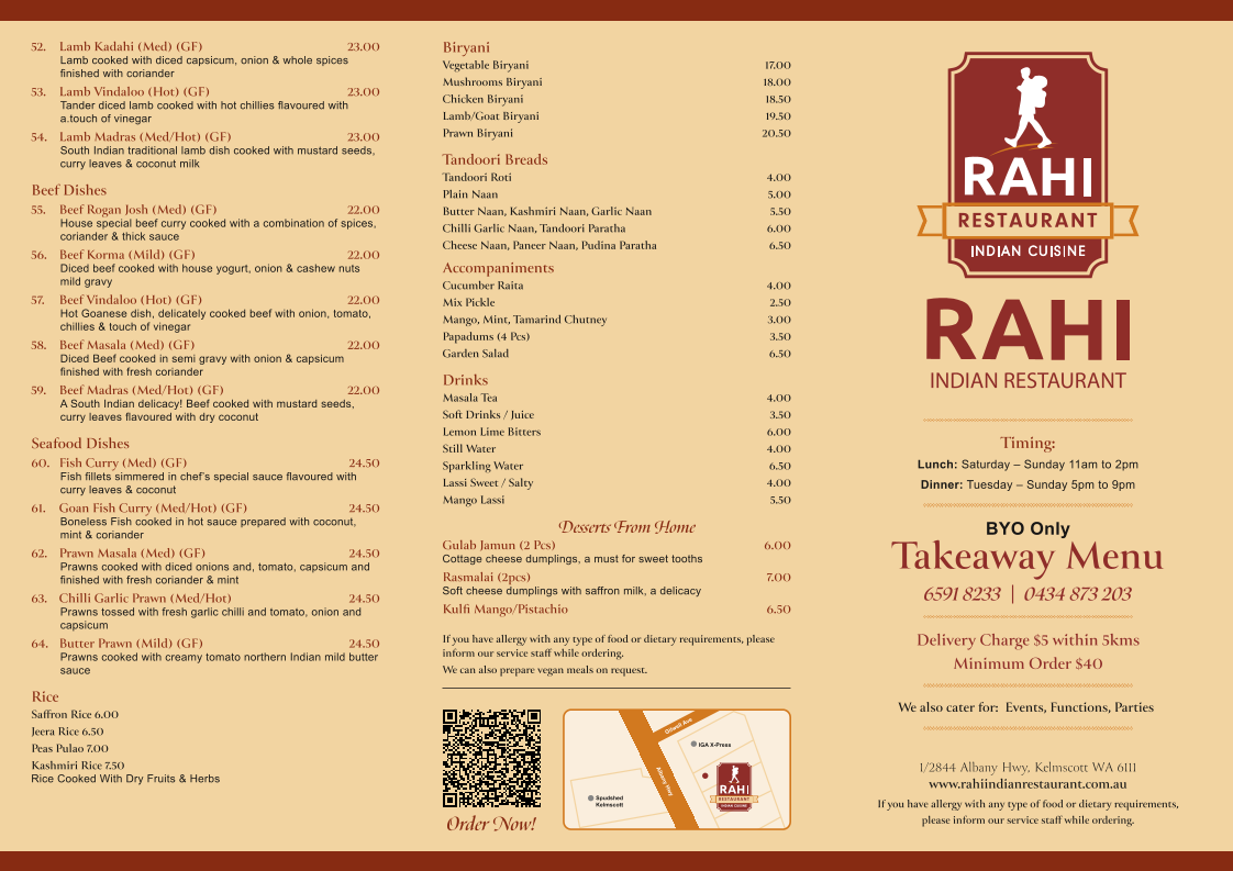 Menu, Rahi Indian Restaurant
