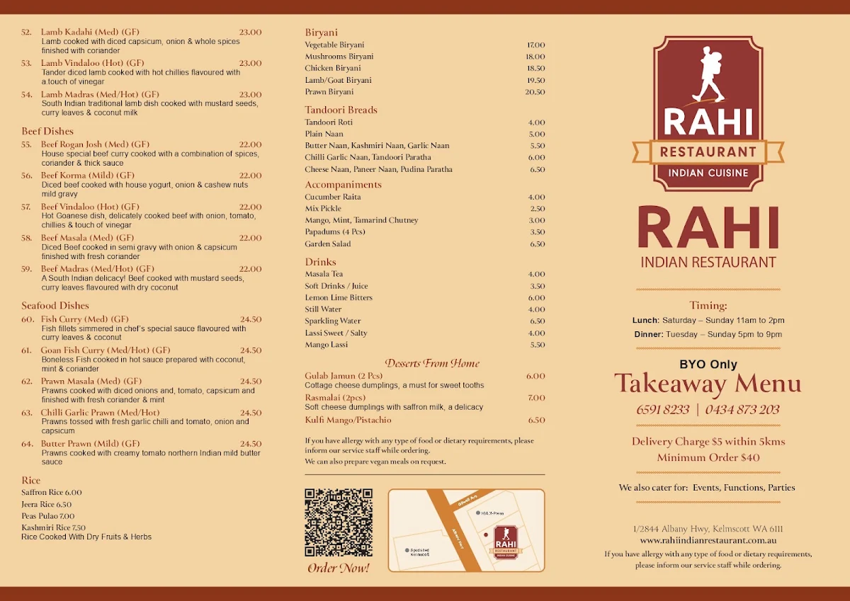 Menu, Rahi Indian Restaurant