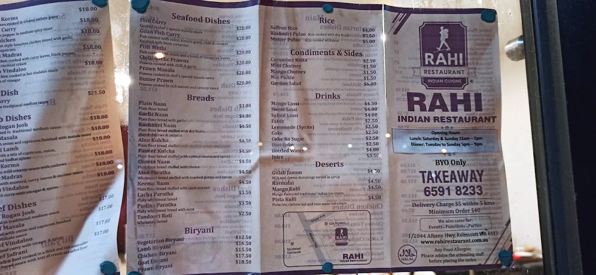 Menu, Rahi Indian Restaurant
