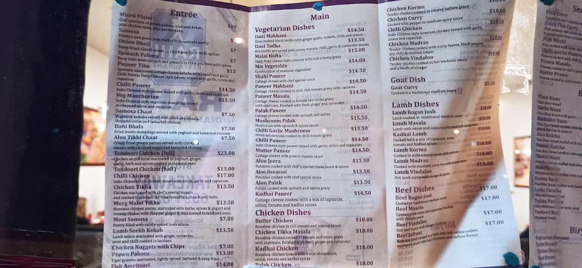 Menu, Rahi Indian Restaurant