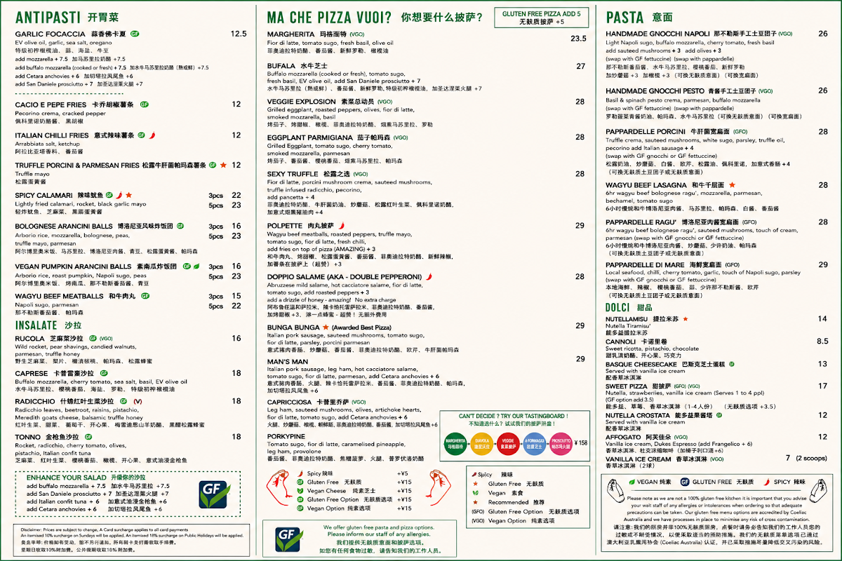 Menu, A25 Pizzeria South Yarra