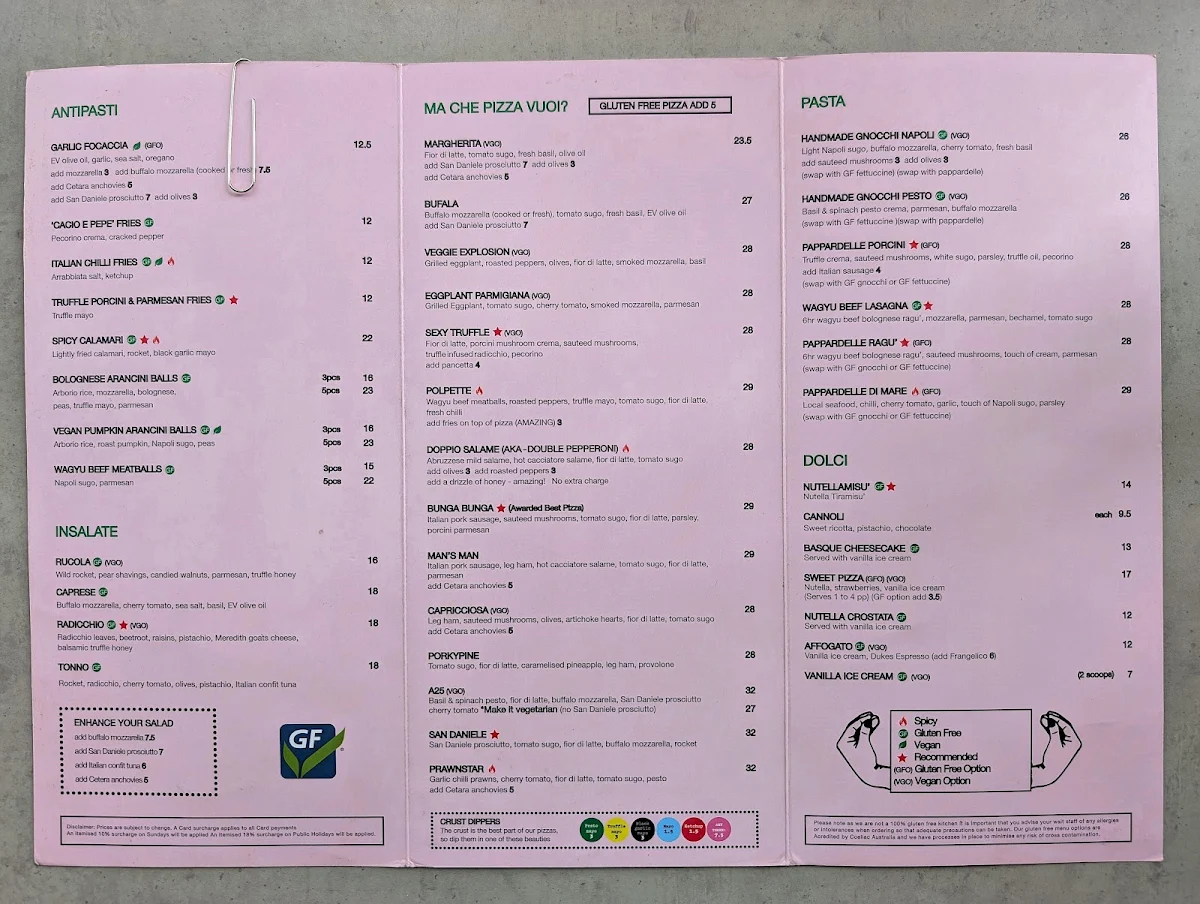 Menu, A25 Pizzeria South Yarra