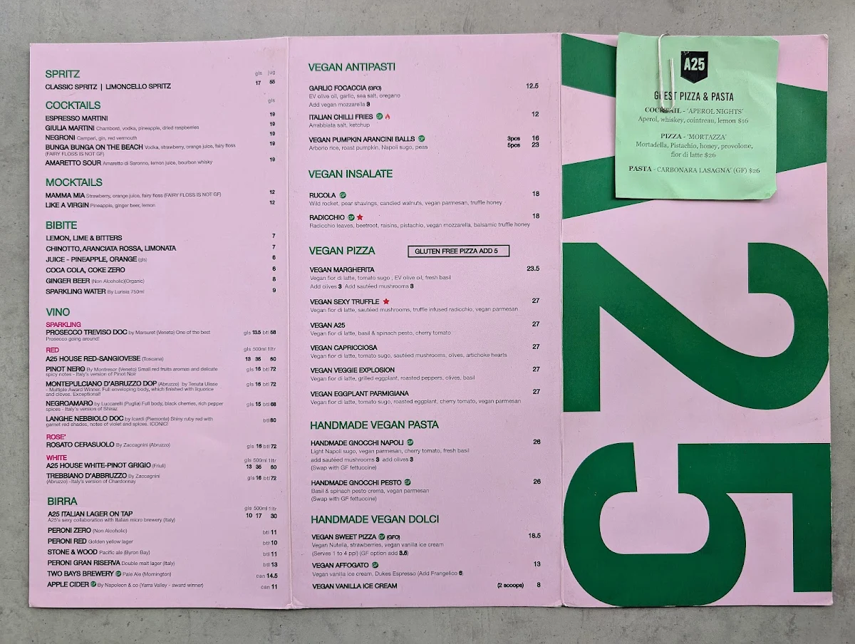 Menu, A25 Pizzeria South Yarra